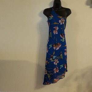 Floral Blue One-Shoulder Dress. Asymmetrical Hem. Sheer. As Is.